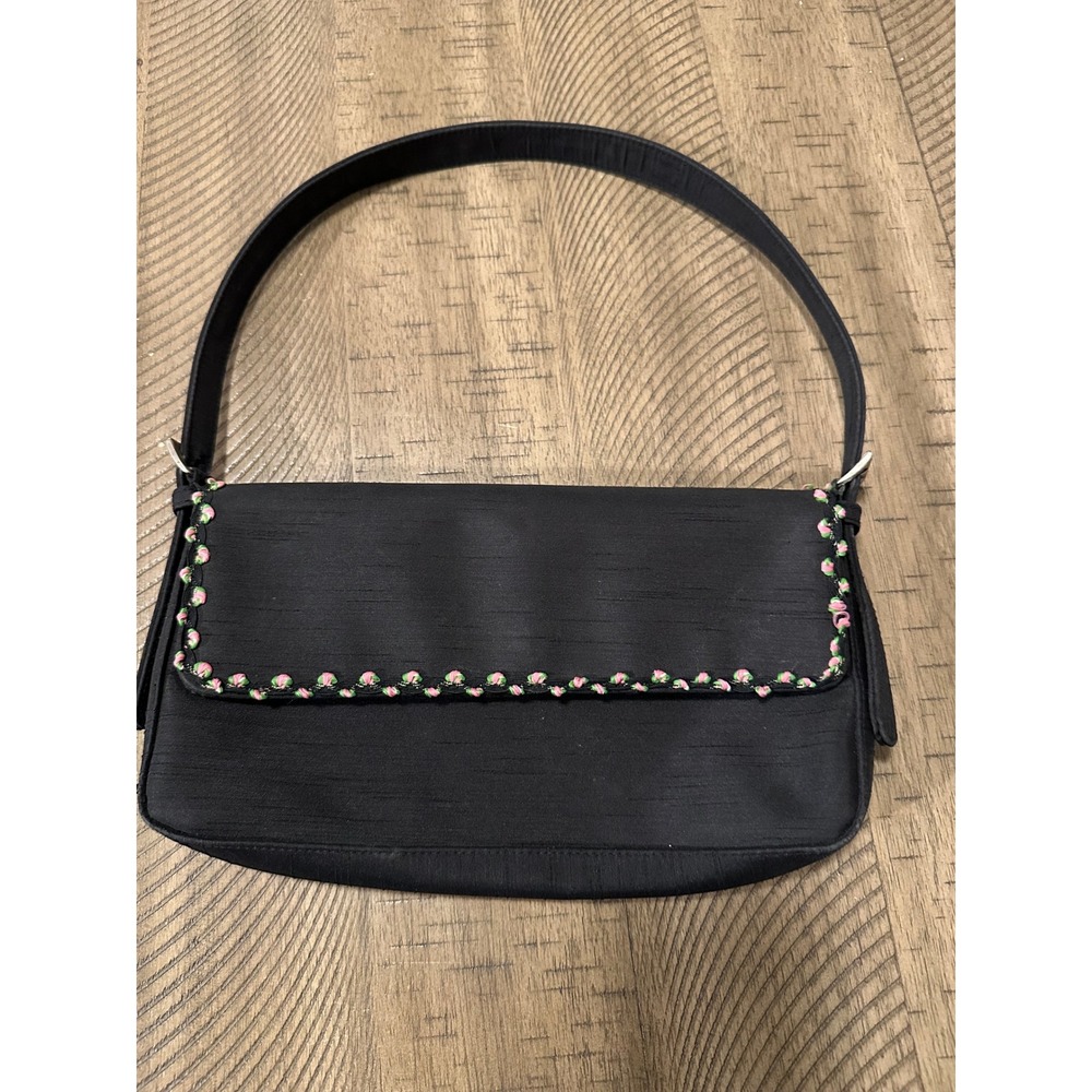 Vintage ESPRIT Y2K Black Baguette‎ Bag with Rosebud Embroidery